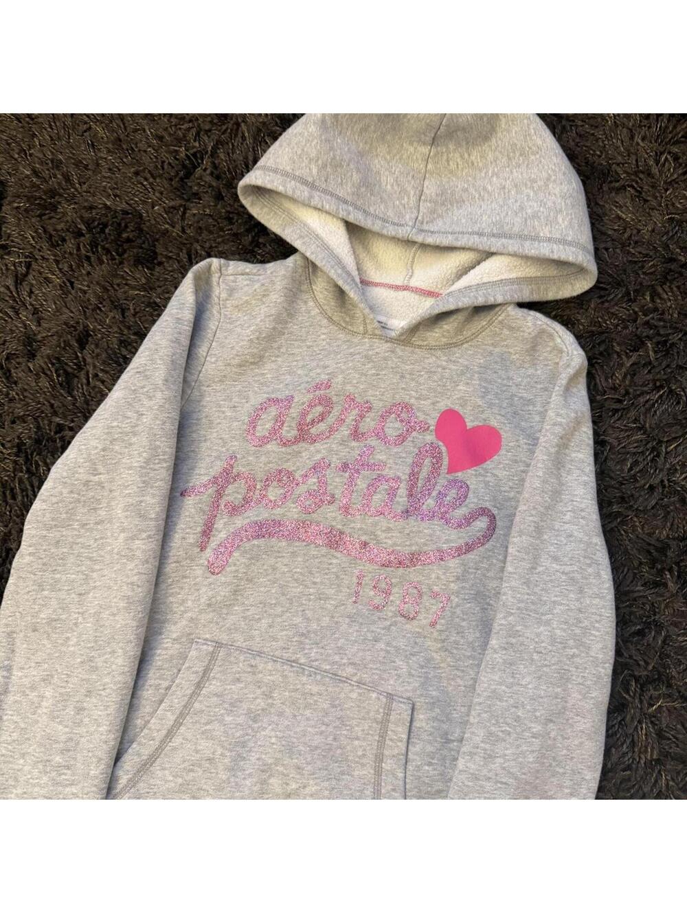 Y2K Aeropostale Pink Heart Hoodie Grey Streetwear Vintage Style Pullover
